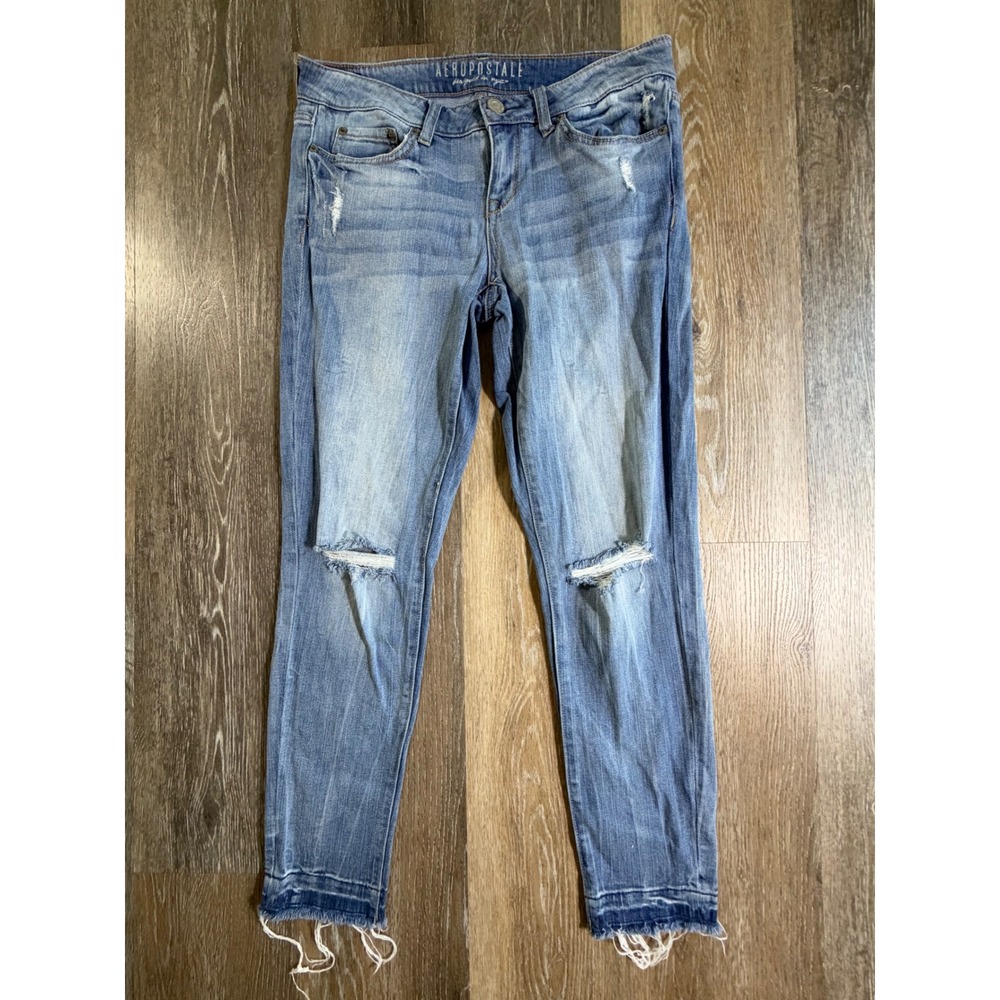 Aeropostale Ankle Jegging Jeans Womens 6 Reg Blue Distressed Raw Hem
